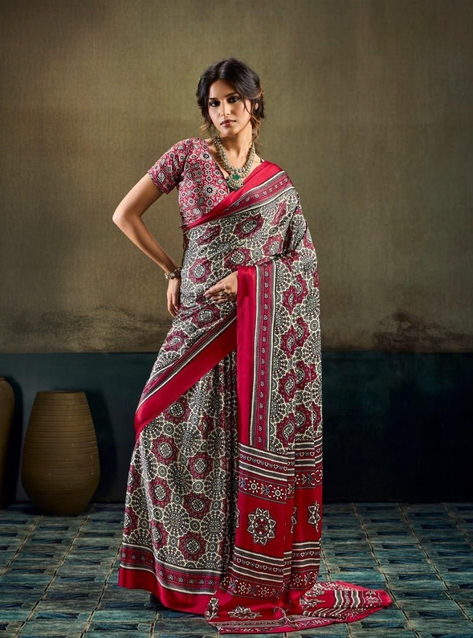 Modal Silk Ajrak Print Saree. - Image 2