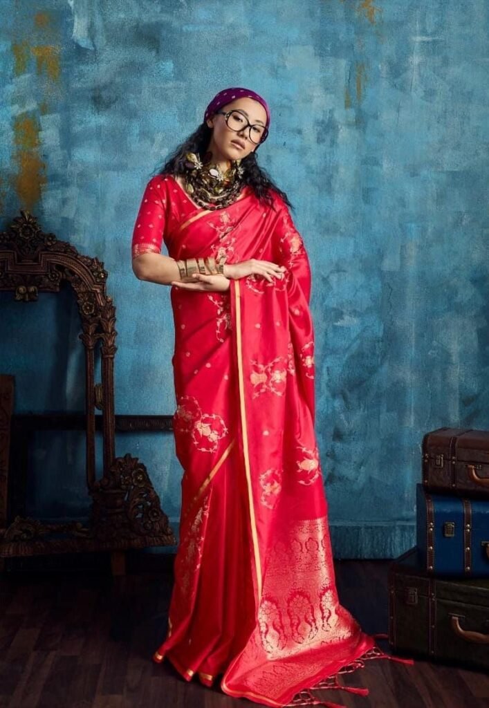 Munga Malbari Silk Copper & Silver Jori Hand Weaving Saree.