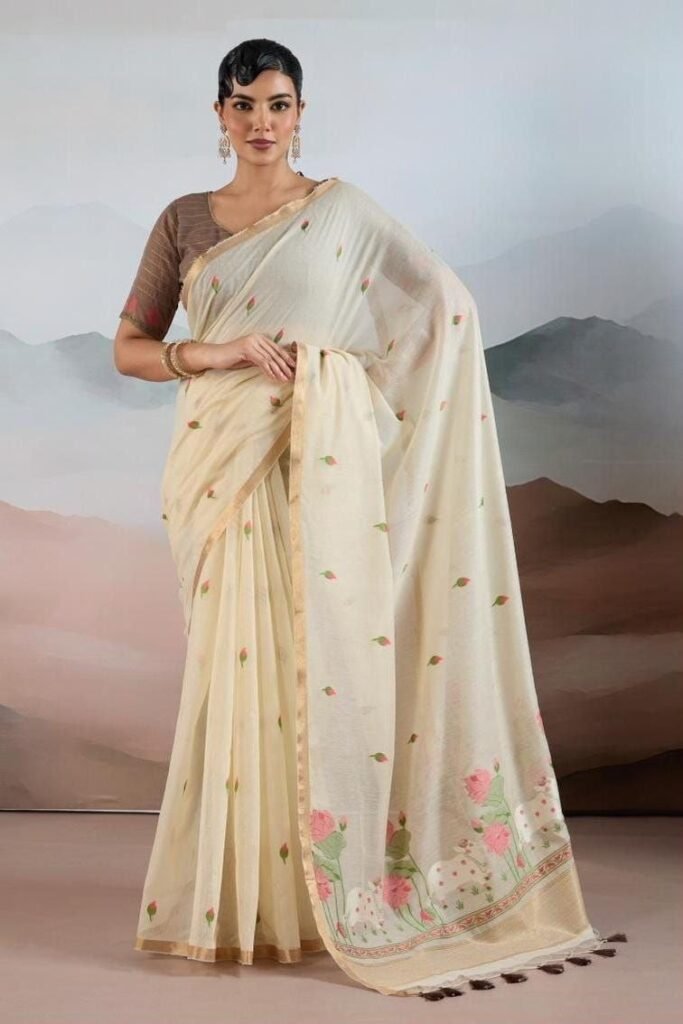 Spun Cotton Reshom Thread Weaving Saree.