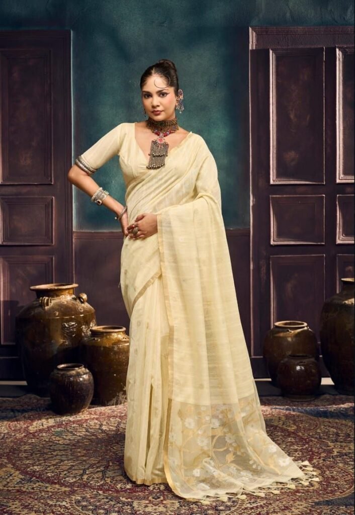 Row Silk Cotton Organza Pallu Reshom Thread Weaving Saree.